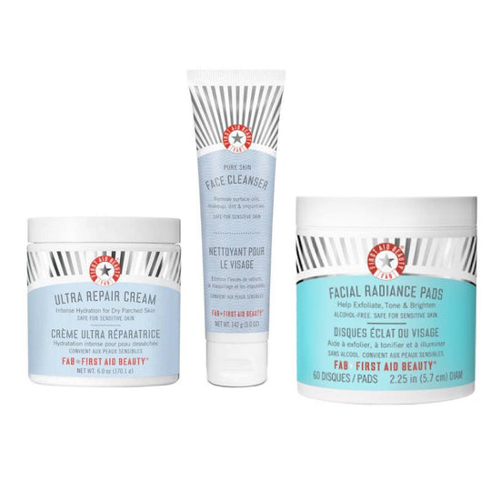 FIRST AID BEAUTY ชุด Essential Trio For All Skin Types (คลีนเซอร์ 142 กรัม + โทนเนอร์แพด 60 แผ่น + ครีม 170 กรัม)