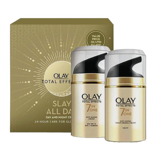 OLAY مجموعة هدايا العناية بالبشرة المتوهجة على مدار 24 ساعة من توتال إفكتس (كريم النهار 50 جم + كريم الليل 50 جم)