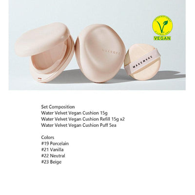 WAKEMAKE Water Velvet Vegan Cushion SPF 50+ PA+++ 15g + Refill 15g (2 Colors)