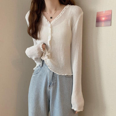 V-Neck White Knitted Cardigan 1pc - LMCHING Group Limited